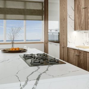 Crystal Calacatta Silva är en ljus kvartssort av Technistone som har kraftiga mörka ådringar som saknar ett tydligt mönster. Därmed skapas en elegant marmorlik textur. 4