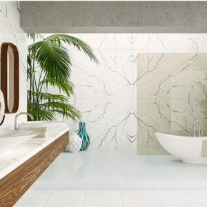 Crystal Calacatta Silva är en ljus kvartssort av Technistone som har kraftiga mörka ådringar som saknar ett tydligt mönster. Därmed skapas en elegant marmorlik textur. 3